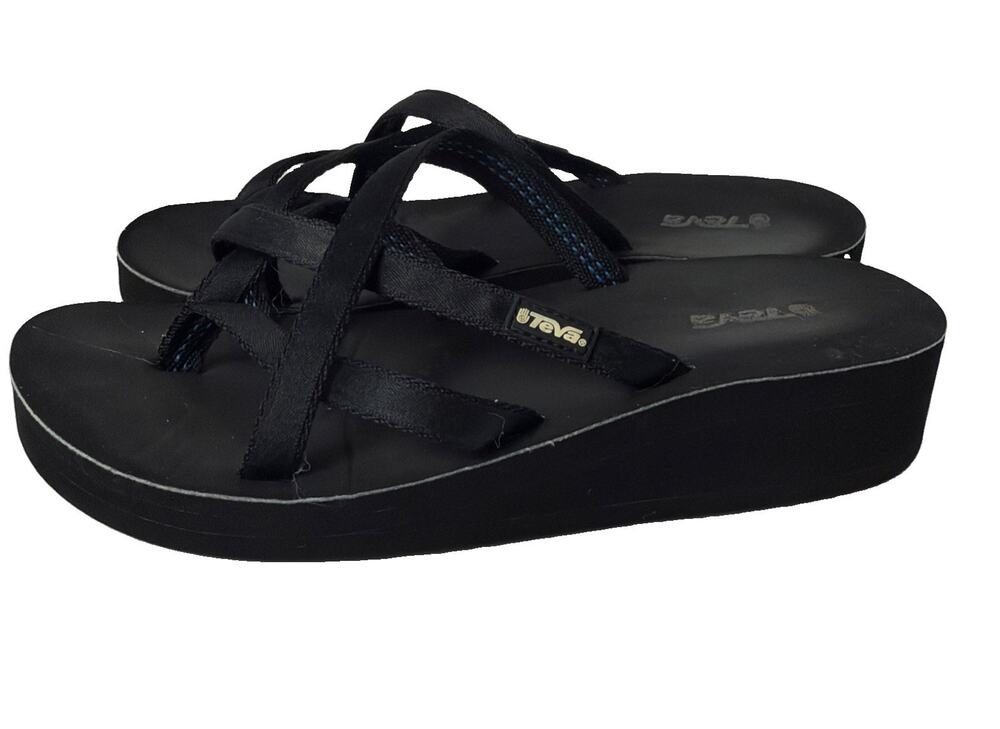 Teva Mush Mandalyn Wedge Ola 2 Sandals Black Strappy Flip Flops Womens 8